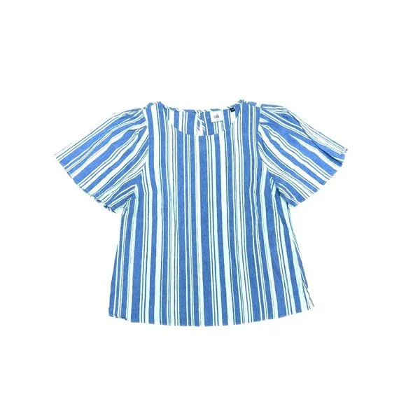 Cabi Striped Linen Blend Top S Blue & White Short Sleeve Keyhole Back - Picture 8 of 8